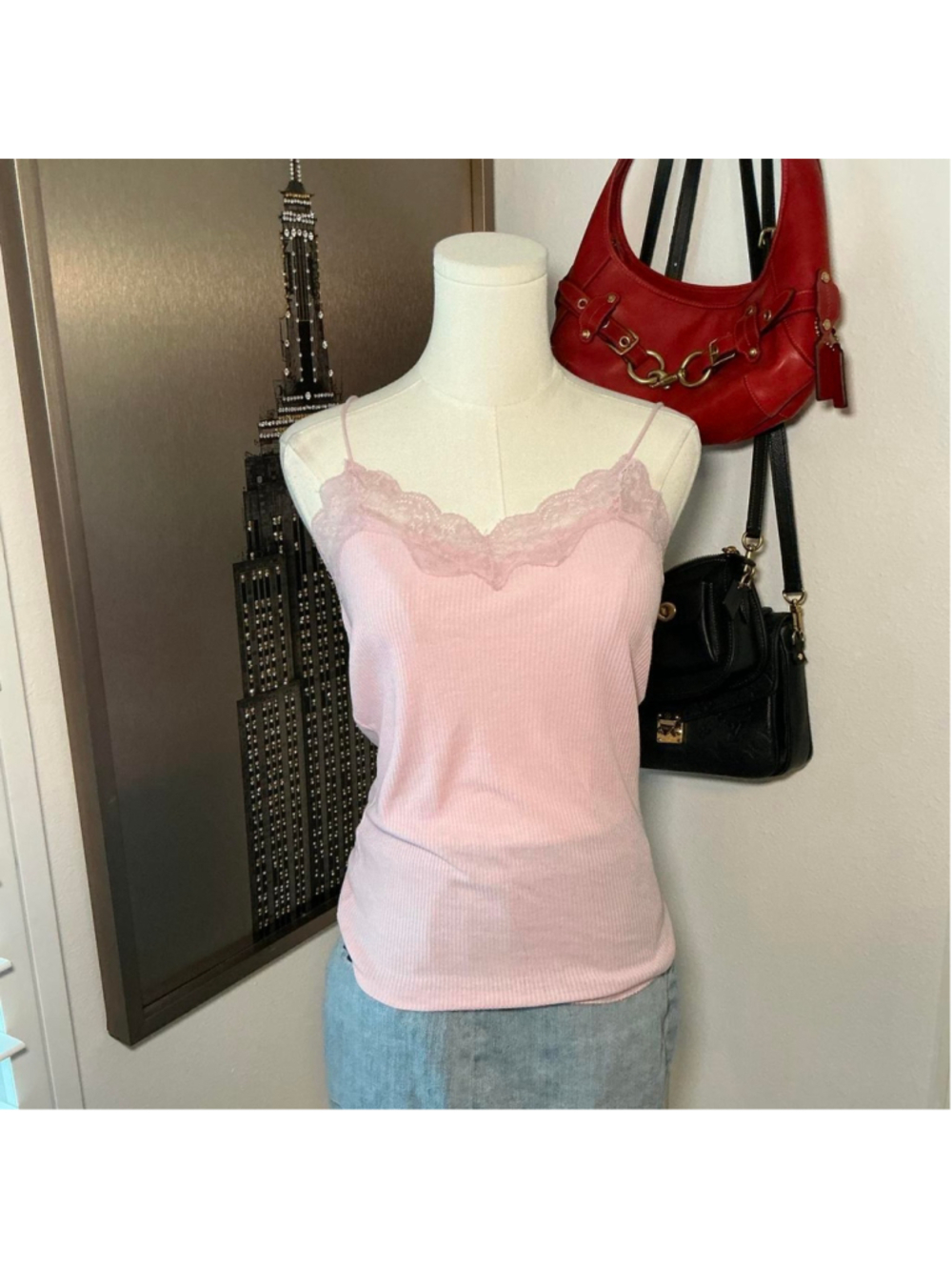 Zara Pink Ribbed Lace Trim Cami Tank Top Size M Y2K